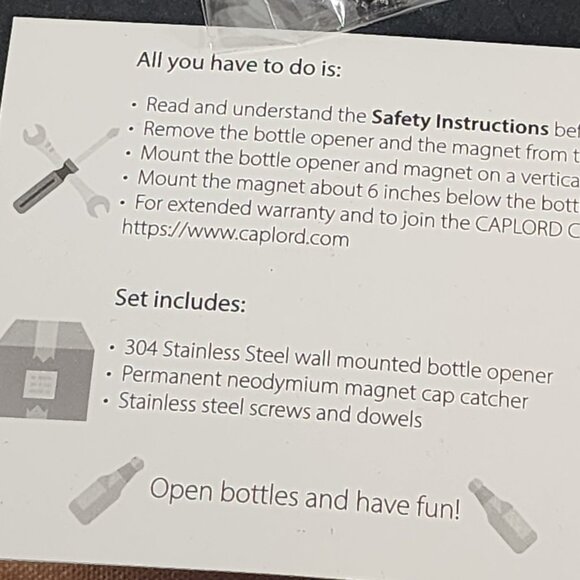 Caplord Wall Mounted Bottle Opener w/Magnetic Cap Catcher Includes Wall Hangers - Picture 12 of 16